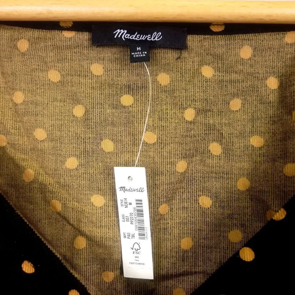 Madewell Corduroy Black Yellow Polka Dot Wrap Top with Puff Sleeve Med